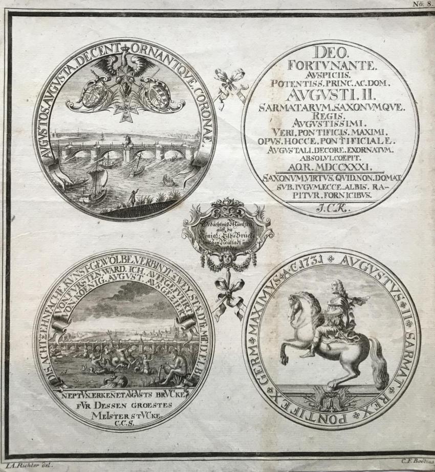 August II Mocny, kr&oacute;l Polski, otwarcie mostu na Łabie,1710 r.