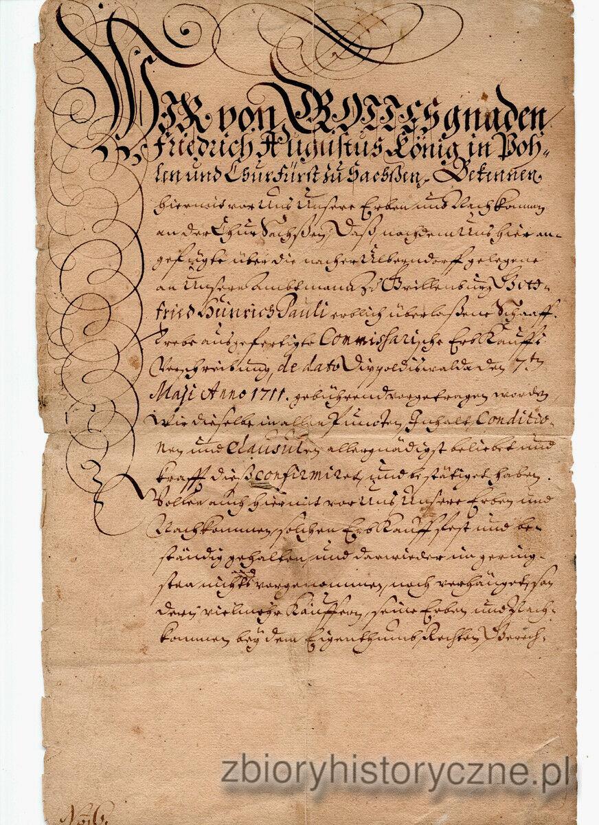 List podpisany przez kr&oacute;la Augusta II Mocnego, 1712 / 0
