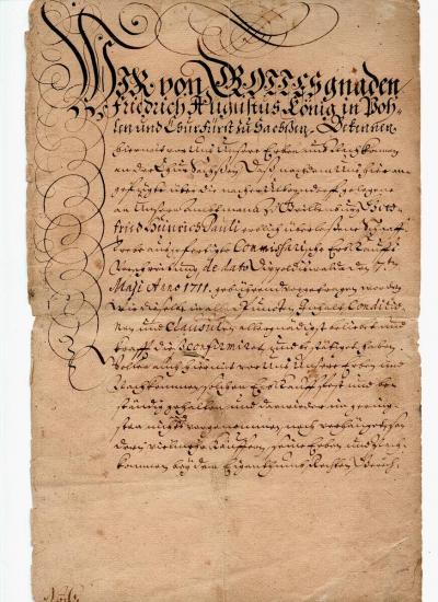 List podpisany przez kr&oacute;la Augusta II Mocnego, 1712